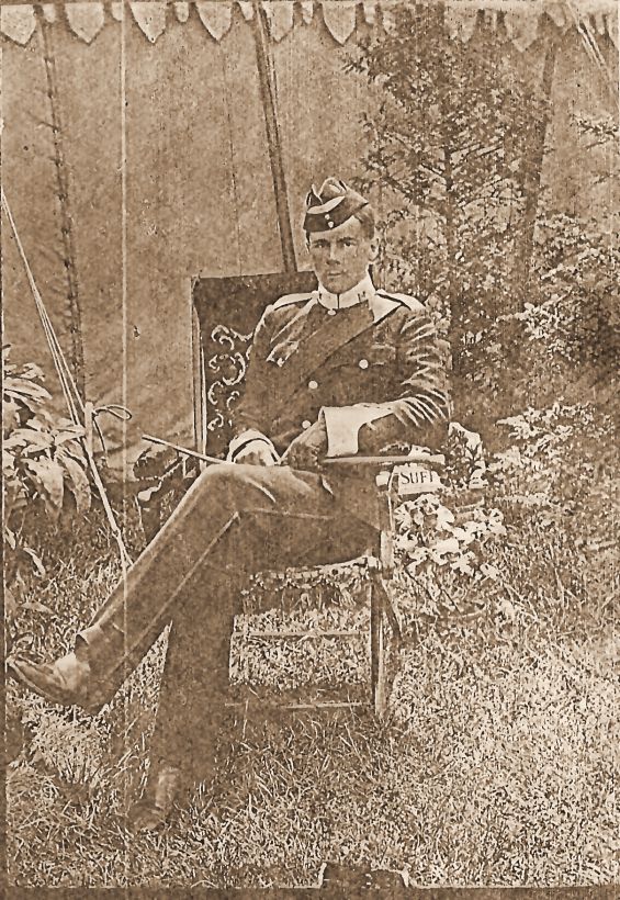 Raymond Johnson as an officer cadet with the Suffolk Yeomanry, photographed in camp by P. Damant of Colchester.