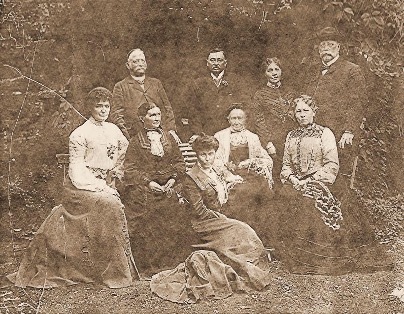 The Eckstein family in Stuttgart, 1905. Standing, from left: Wilhelm, Friedrich (later Sir Frederick Eckstein), Aunt Agatha and Adolf. Seated are Minnie, Adolf’s wife Caroline, the pastor’s widow, Anna Eckstein and Friedrich’s wife; the note does not give their order.