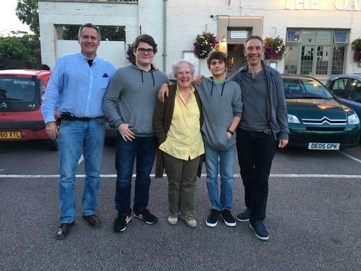 From left: me, Marco, my Aunt Sarah, Alessandro, and Aunt Sarah’s son, my cousin Sacha, in the UK in July 2016. When I was small, Aunt Sarah was looking after Sacha and me the morning I let myself out of the house to go and see my mother.