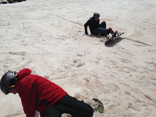Marco and Johnny learning to snowboard in Aspen, 20 April 2014, on the boys’ first ski trip. By the last day they were taking small jumps down black diamond runs.