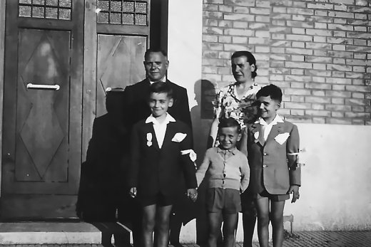 Nonna Maria and Nonno Evaristo with my father and his brothers Mauro and Giovanni, outside the Cristo Re church in Bologna.