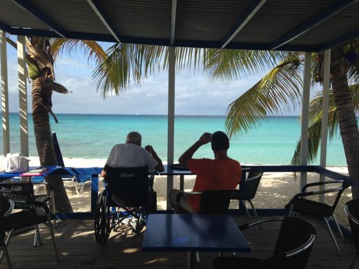 My father and me at Trattoria, June 2014, soon after I brought him to Anguilla. He died at our home there that August.