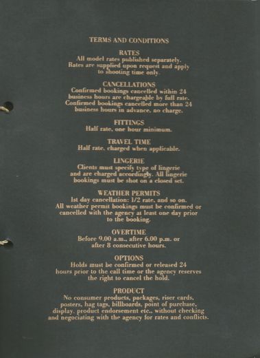 The book’s terms and conditions for clients: rates, cancellations, fittings, travel time, overtime and the rest.