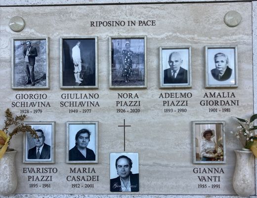 The family tomb in Castenaso, near Bologna, in May 2024. The names are Giorgio and Giuliano Schiavina, my father’s cousin Nora Piazzi, Adelmo Piazzi, Amalia Giordani, my grandfather Evaristo Piazzi, Maria Casadei and Gianna Vanti. My father is here too: on one of his visits, my uncle, Don Mauro, took a small part of his ashes back from Anguilla and placed them in the tomb. The rest are with me. Riposino in pace: may they rest in peace.