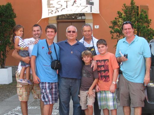 In the church square at Fiesso, June 2011, with my cousin Davide and his daughter Jessica, my uncle Vanni and my uncle, Don Mauro.