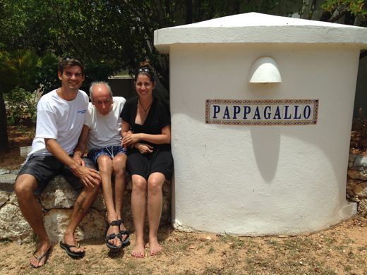 My father with my brother Luca and my sister Tara, July 2014, in front of Pappagallo, the restaurant he opened in Anguilla in 1987.