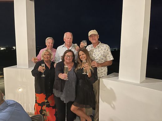 With Carmen and Jake, and Dale and Ed, January 2024. Dale and Ed vacation with Jake and Carmen twice a year, at one of the Altamer villas next to our family property on Shoal Bay West.
