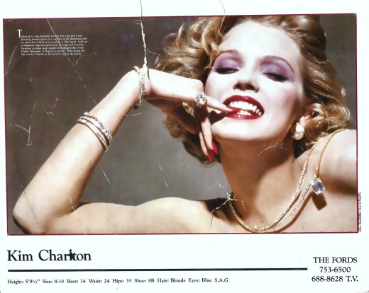 Kim Charlton’s composite card. Kim was a Ford model, then married to Joey Hunter; they are both in the group photograph from about 1984.
