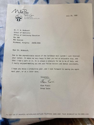 On Mullet Bay letterhead, 29 July 1988.
