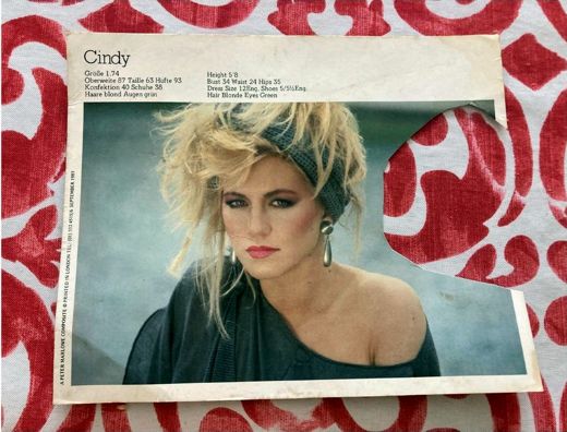 Cindy’s composite, in German and English: height 1.74, hair blonde, eyes green. A Peter Marlowe composite, printed in London, September 1983.
