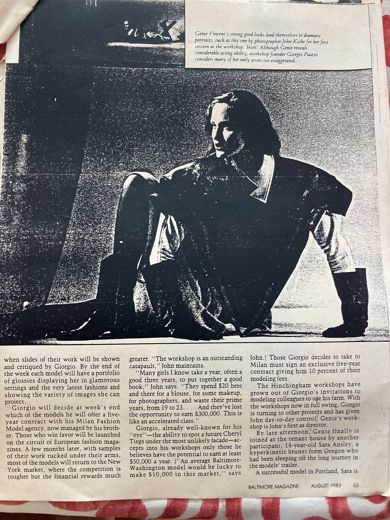 Page 63: Genie Vincent, photographed by John Kiche in her first session at the workshop. The deal is spelled out below: a five-year contract with Fashion Model in Milan, and ten per cent of the fees to Giorgio.