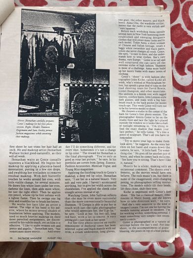 Page 66: Jhonathan Wallace prepares Genie’s make-up; models Shannon Engemann and Sara Ansley read fashion magazines while they wait. Anna Chu, the wardrobe stylist, calls her look “very drama, very Europe”.