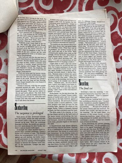 Page 118, Saturday and Sunday: “The suspense is prolonged” and “The final cut”. The page tells my father’s story too: an aspiring actor who danced flamenco in London and Spain, opened one of Italy’s first model agencies in 1964, and after nearly twenty years handed it to his brother and bought Hinchingham.