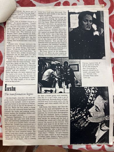 Page 65, Tuesday: the transformation begins. Genie brushes her hair while Kiche briefs the hairstylist, Mitchell; Jhonathan Wallace defines her lips.
