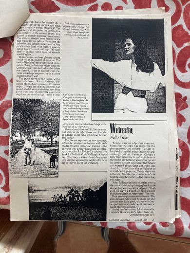 Page 67, Wednesday: my father and Kire on the driveway at Hinchingham, “the Eastern Shore estate Giorgio bought after nearly twenty years in the modeling business in Italy”; Koji photographs Genie through the screened porch; dinner on the back lawn.