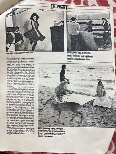 In Print, page 5: Julie Baker in the studio; Bob Jefferds photographing Sheron George at the fence; and Christopher Micaud’s last shot of the day on a chilly Chesapeake Bay, with Bimba the fawn in the foreground.