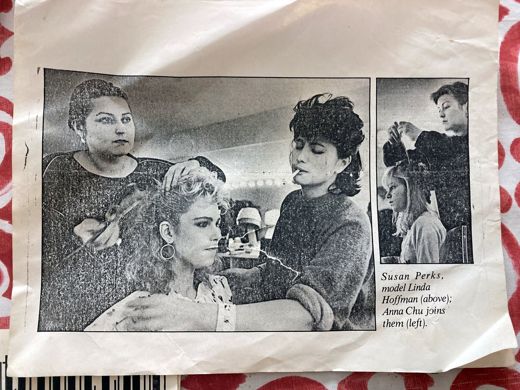 A clipping: Susan Perks does model Linda Hoffman’s hair, and Anna Chu joins them.
