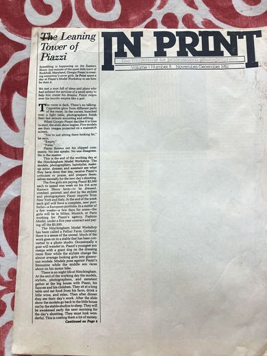 In Print, “the magazine for professional photographers”, volume 1 number 8, November/December 1982: “The Leaning Tower of Piazzi”. “Something is happening on the Eastern Shore. Just outside of the quiet little town of Rockhall, Maryland, Giorgio Piazzi is creating tomorrow’s cover girls.”