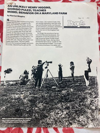 People, 30 May 1983. “An Unlikely Henry Higgins, Giorgio Piazzi, Teaches Model Behavior on a Maryland Farm,” by Harriet Shapiro. The piece describes girls arriving by limousine from the Wilmington train station, a mile-long dirt driveway, and a white brick house built in 1774 where George Washington is said to have slept.