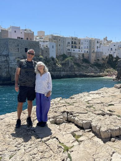 With my mother at Polignano a Mare, May 2024.