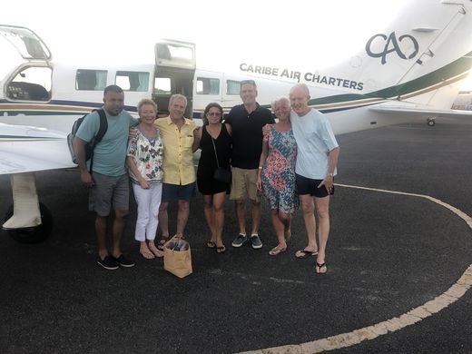 With Gavin and Marlyn Loudon, Bill and Michelle, and Oliver Carty, on our way to St Kitts and Nevis, January 2020. Nearly every year, on their wedding anniversary, Gavin and Marlyn took us away for the day, often with Bill and Michelle along: for years a chartered boat to St Barths for lunch at Eden Rock, and more recently a private plane to Nevis, with lunch at the Four Seasons.