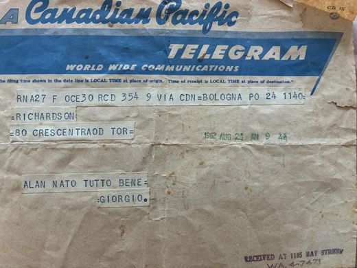 The telegram my father sent to my grandmother Diana in London.