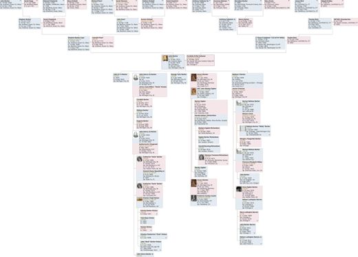 The fuller chart. The line runs back to John Barker, born in Andover, Massachusetts, in 1690, and his wife Sarah Gage, and to Barnabas Barker and Mary Green of Marshfield, Plymouth Colony. Forward it runs through Anna S. Barker and Sgt John Wesley Ogden to their daughter Marion, who married Harold Ashton Richardson in Calcutta on 1 February 1904. Their son Harold Banning Richardson was my grandfather. The chart gives his birthplace as London, Ontario; his birth certificate says Windsor, England, 24 September 1910.